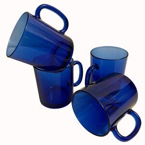 Cobalt Blue Glass Coffee Mugs Set of 4 Made In France VTG Retro Kitchenware